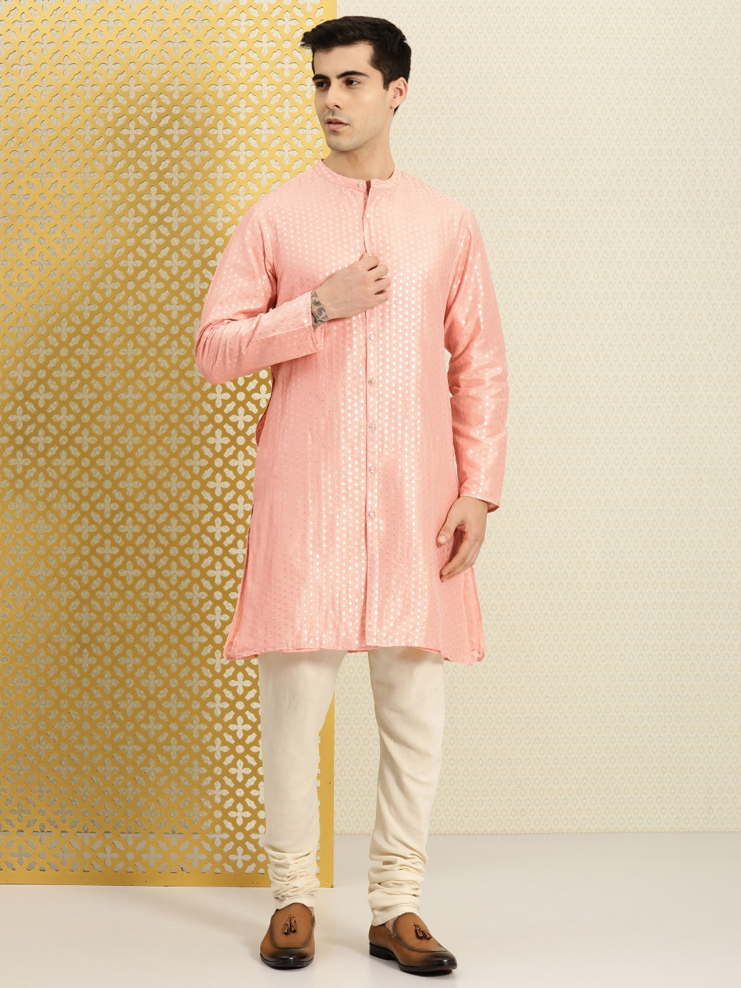 House of Pataudi Men Peach-Coloured Ethnic Motifs Printed Kurta - Distacart