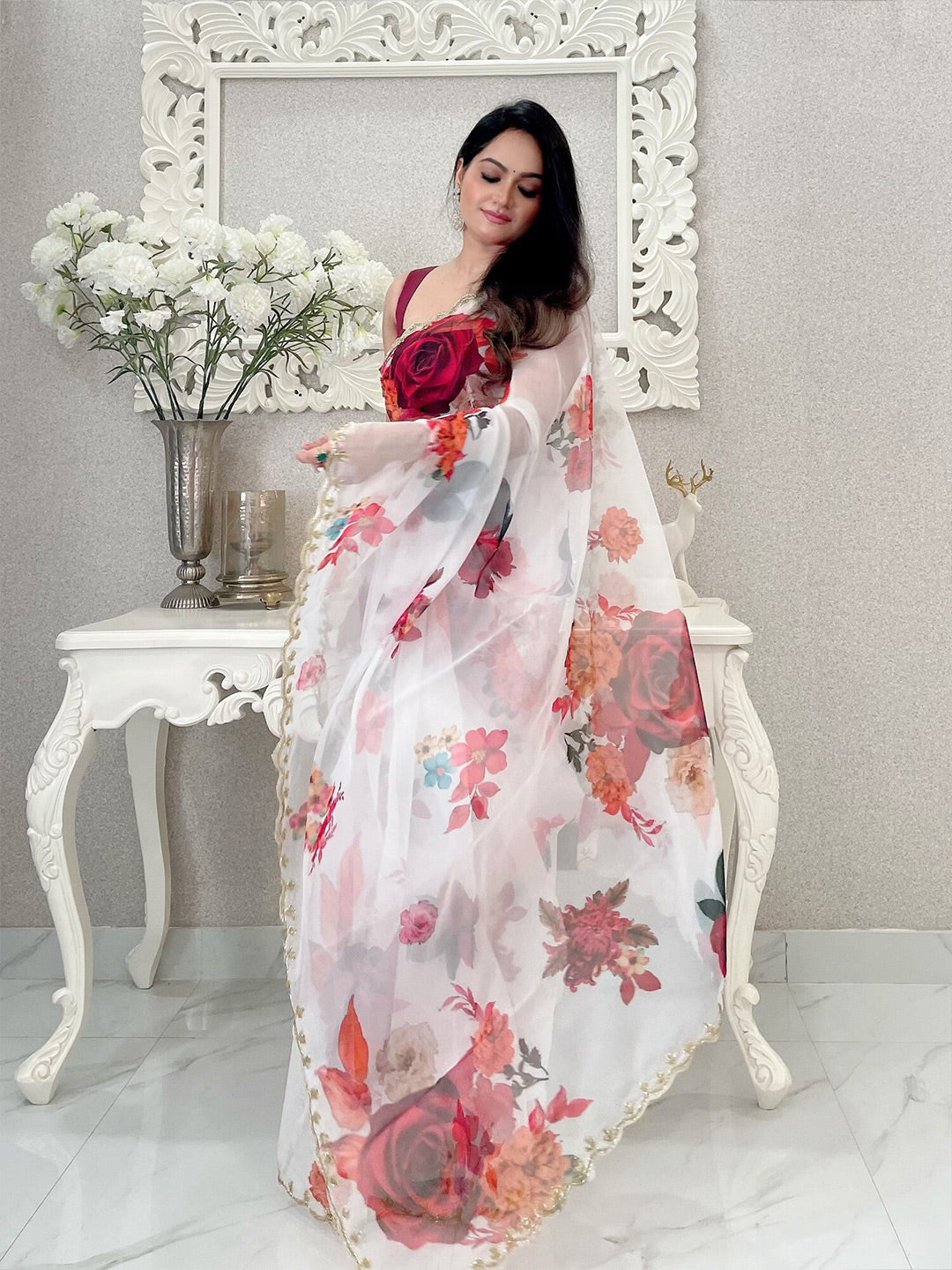 Anouk White & Maroon Floral Printed Organza Saree - Distacart
