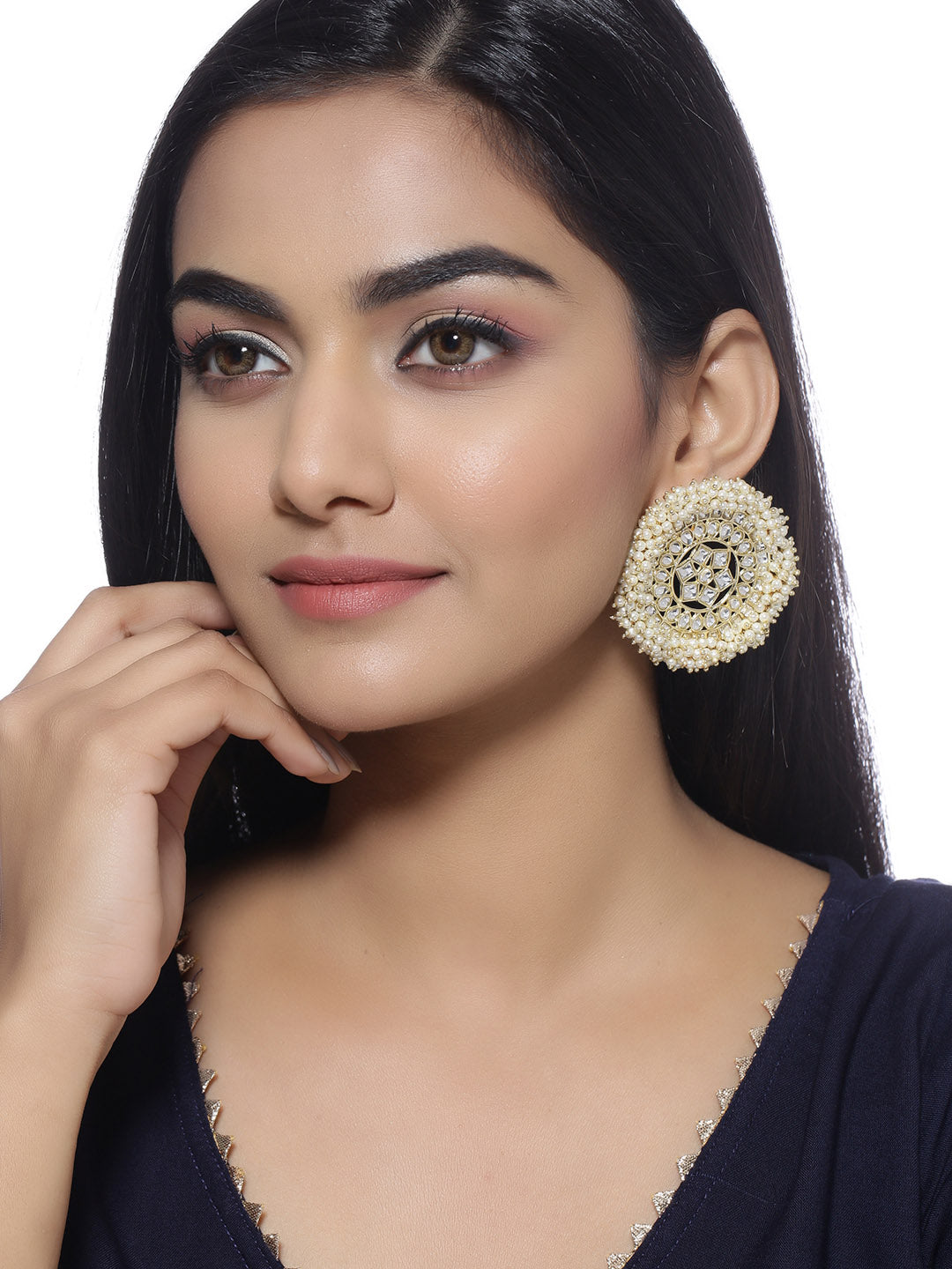 Shoshaa off-White Gold Plated Kundan Studded & Beaded Circular Drop Earrings - Distacart