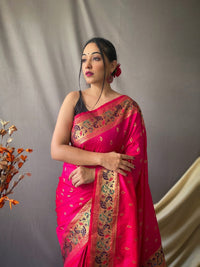 Thumbnail for Mitera Pink & Gold-Toned Ethnic Motif Woven Design Zari Paithani Saree - Distacart