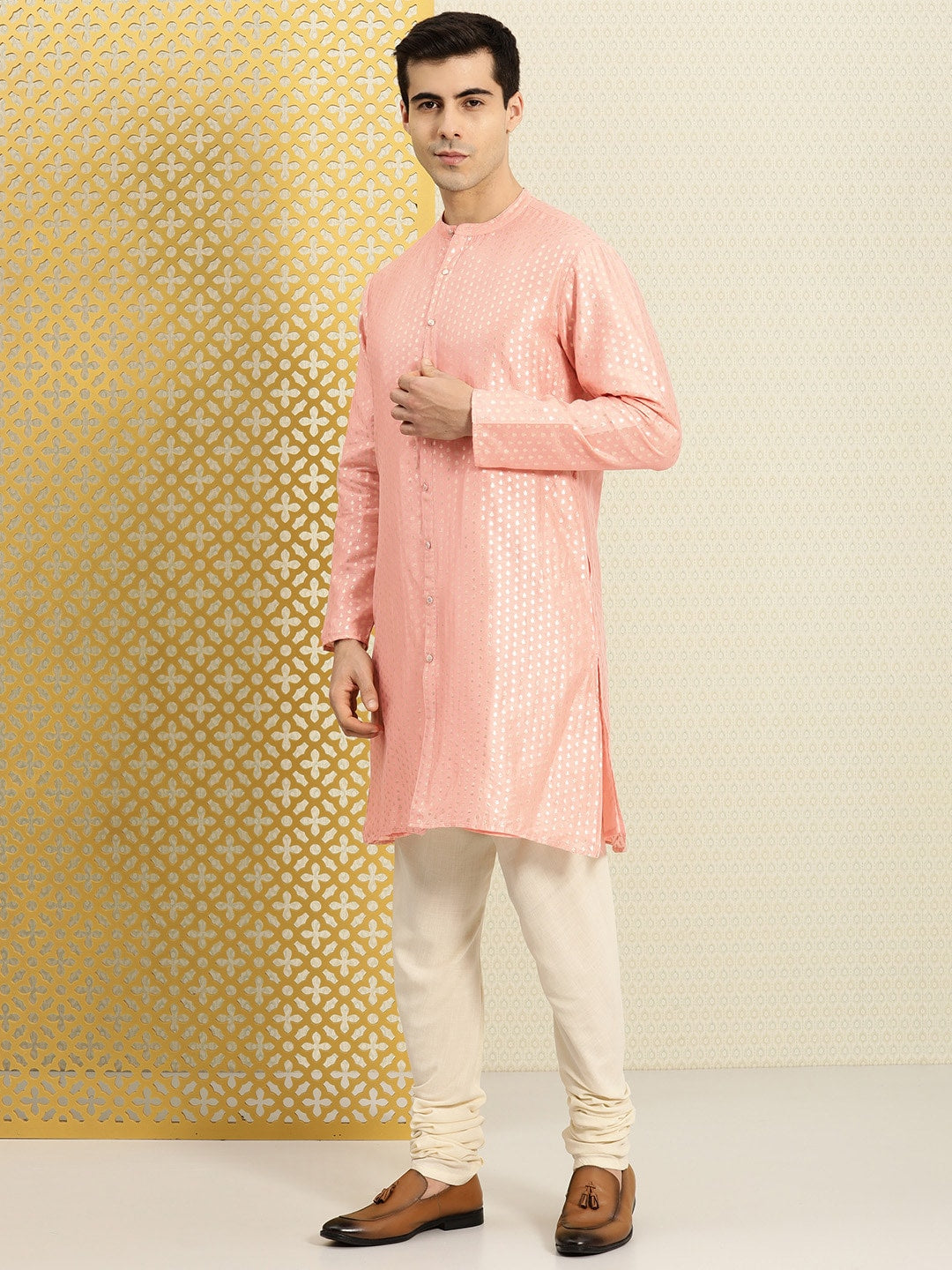 House of Pataudi Men Peach-Coloured Ethnic Motifs Printed Kurta - Distacart