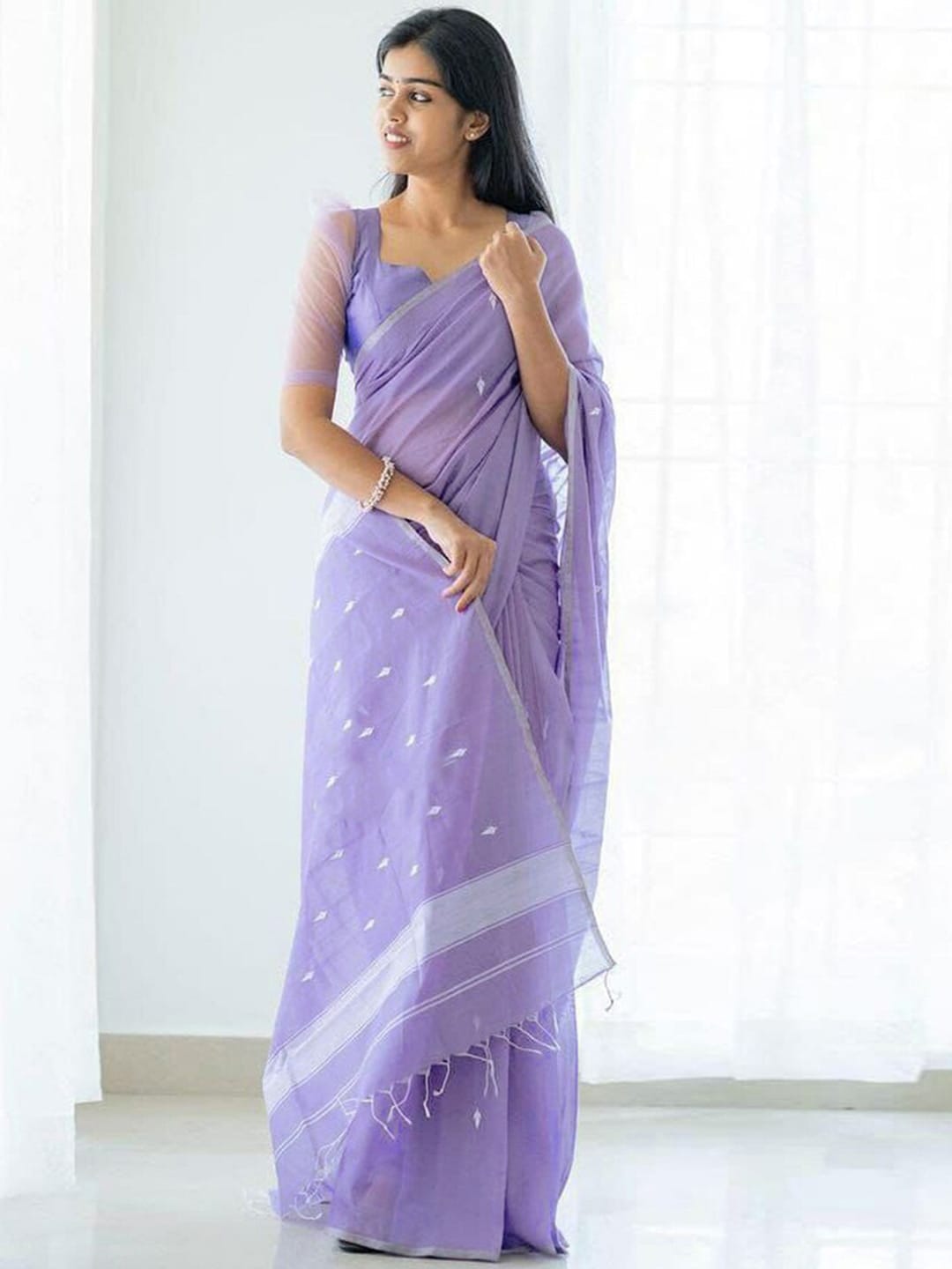 Mitera Lavender & Silver-Toned Woven Design Zari Saree - Distacart