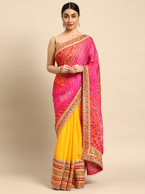 Orange Rani Banarasi Chiffon Bandhani Saree - Buy Banarasi Bandhani Saree  Online | Jhakhas