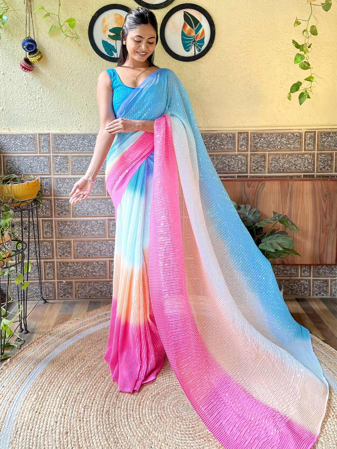 Mitera Blue & Pink Ombre Embellished Pure Georgette Designer Saree - Distacart