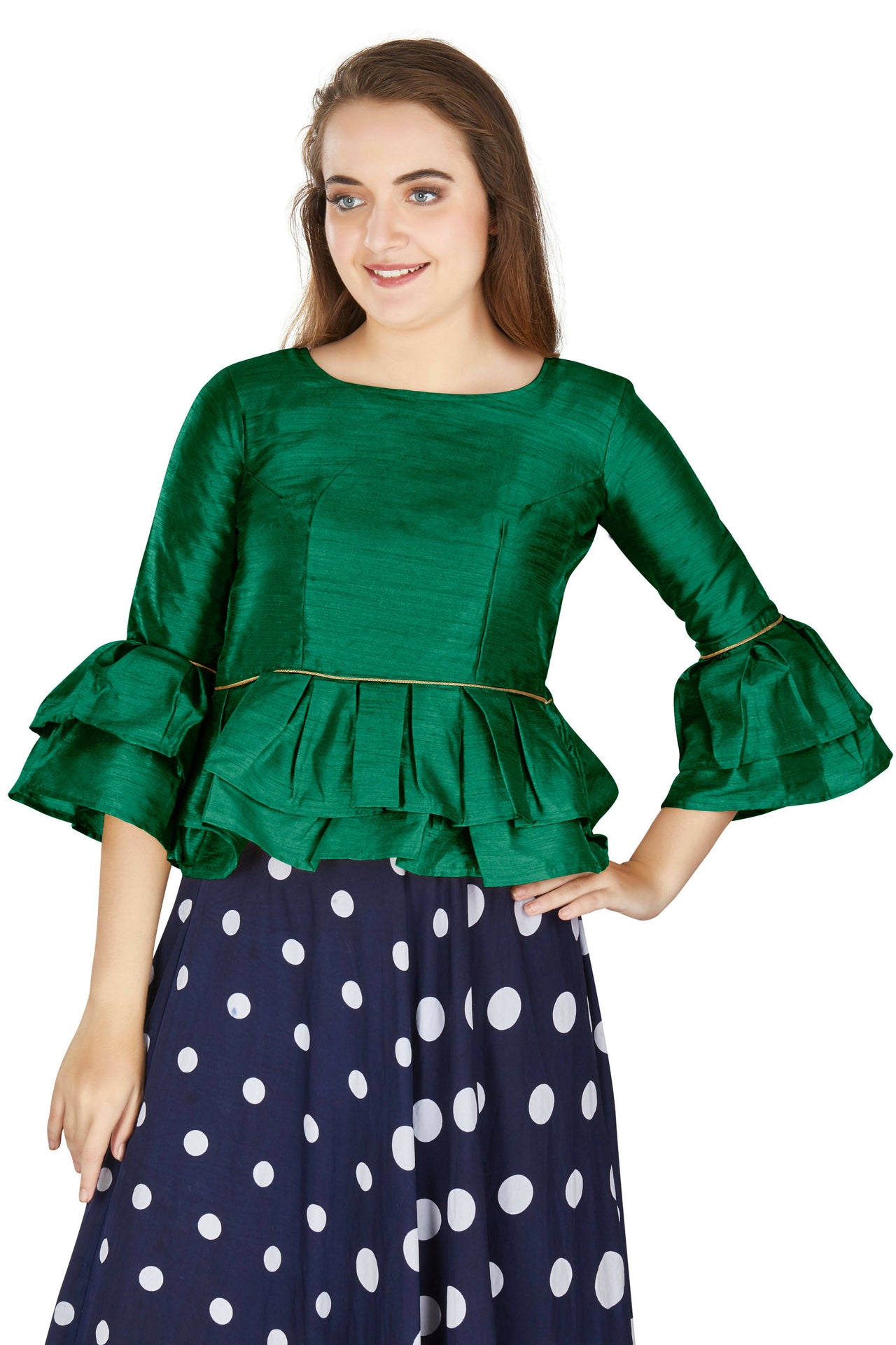 Aastha Fashion Women's Green Art Silk Bell Sleeves attire with Poly Cotton Lining Blouse - Distacart