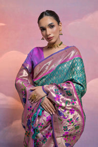 Thumbnail for Vishnu Weaves Women's Rama Paithani Silk Zari Woven Saree with Blouse - Distacart