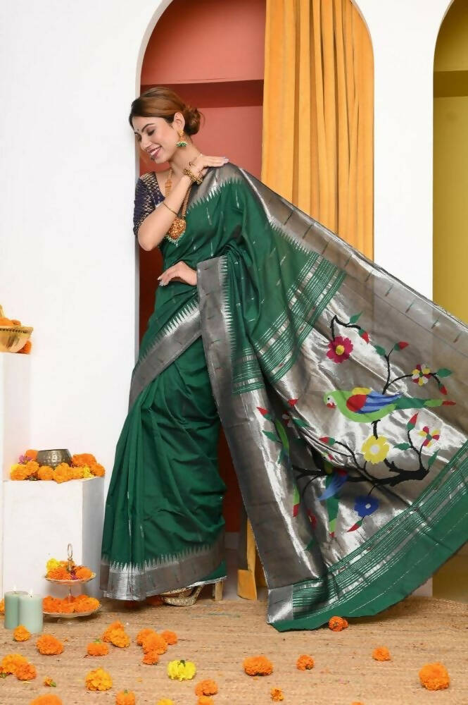 Very Much Indian Handloom Dark Green Muniya Border Cotton Paithani with Parrot Pallu