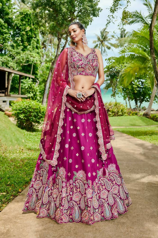 House of Panchhi Burgundy Satin Silk Sequins And Zarkan Embroidery Lehenga Choli & Dupatta - Distacart