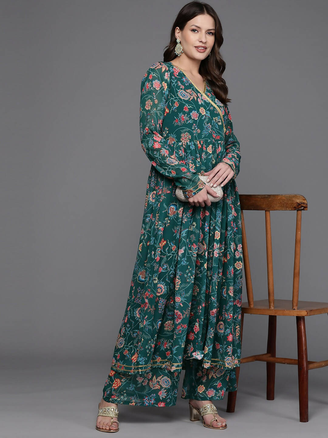 Ahalyaa Women Floral Printed Angrakha Kurta with Palazzos - Green Color - Distacart