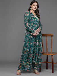 Thumbnail for Ahalyaa Women Floral Printed Angrakha Kurta with Palazzos - Green Color - Distacart