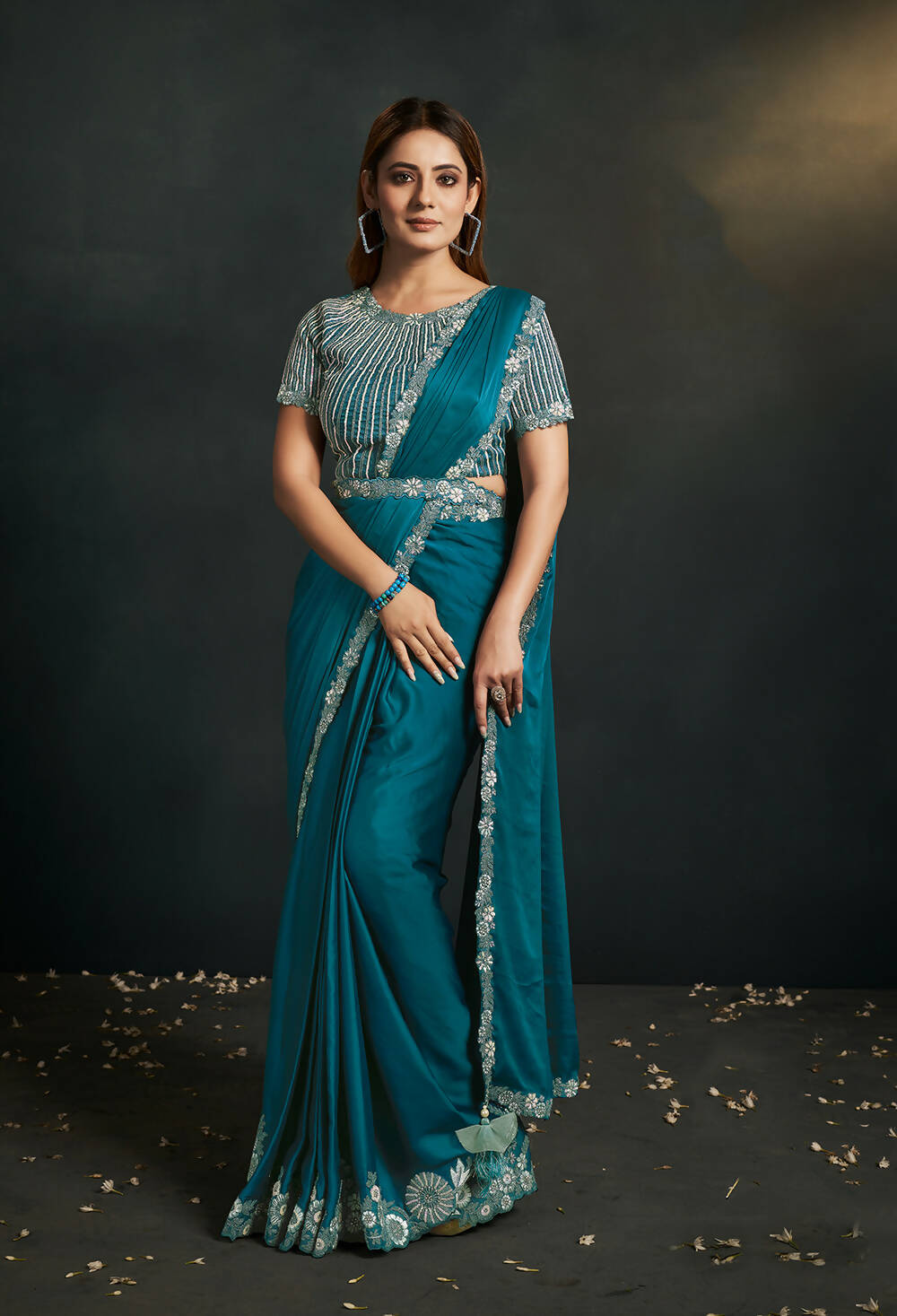 Blue Satin Silk Crepe Cord Sequence & Thread Embroidered & Stone Work Saree - Moh-Manthan Royal Enigma - Distacart