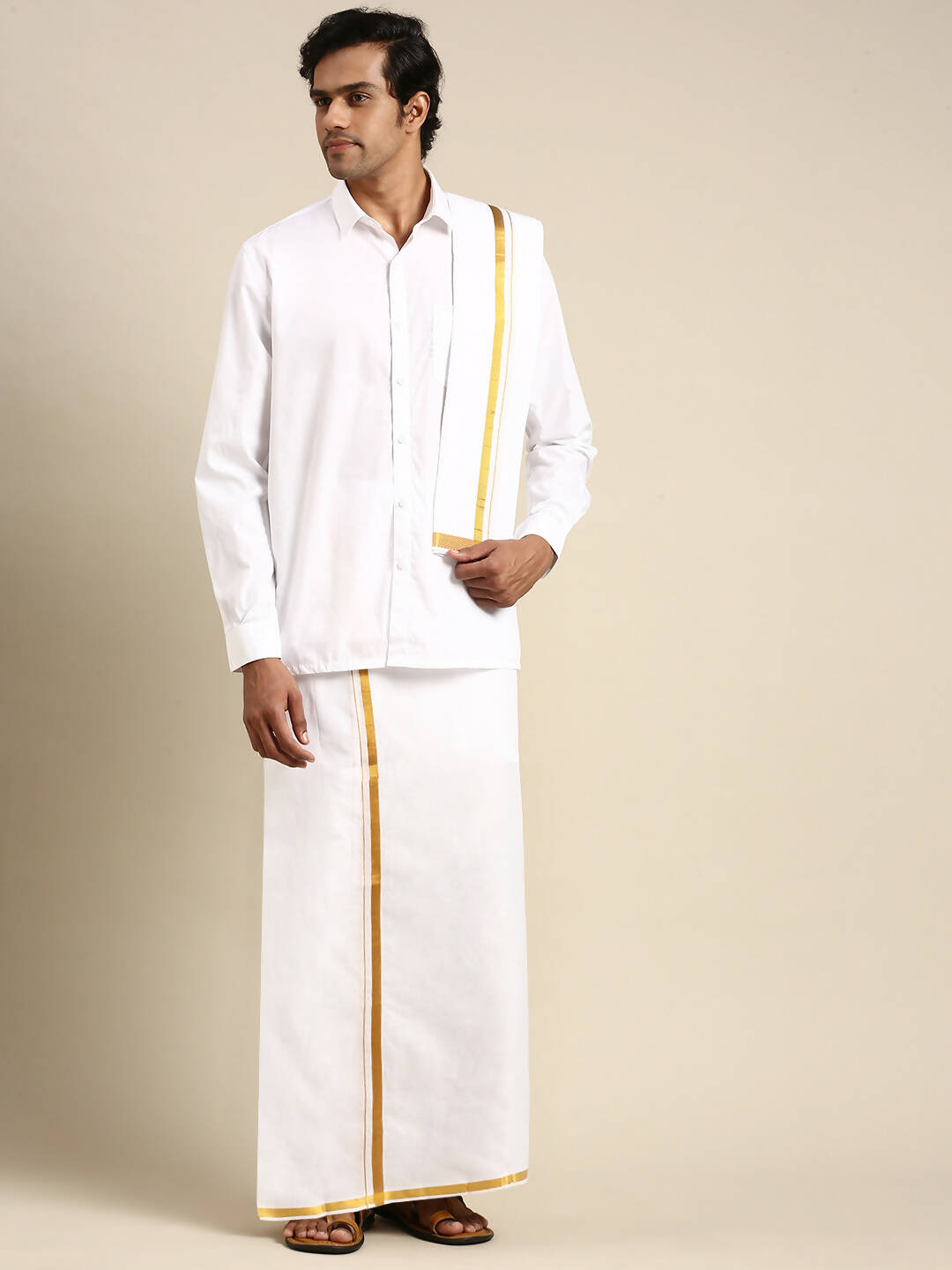 Ramraj Cotton Premium Wedding White Regular Dhoti, Shirt & Towel Set Arathi 1/2" - Distacart