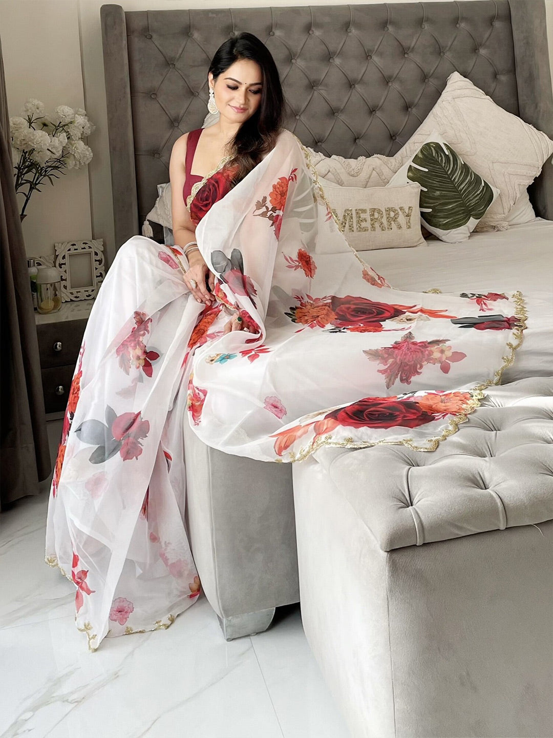 Anouk White & Maroon Floral Printed Organza Saree - Distacart