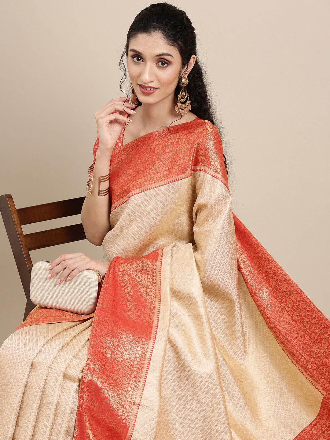 Saree Mall Off White & Red Woven Design Zari Silk Blend Banarasi Saree - Distacart