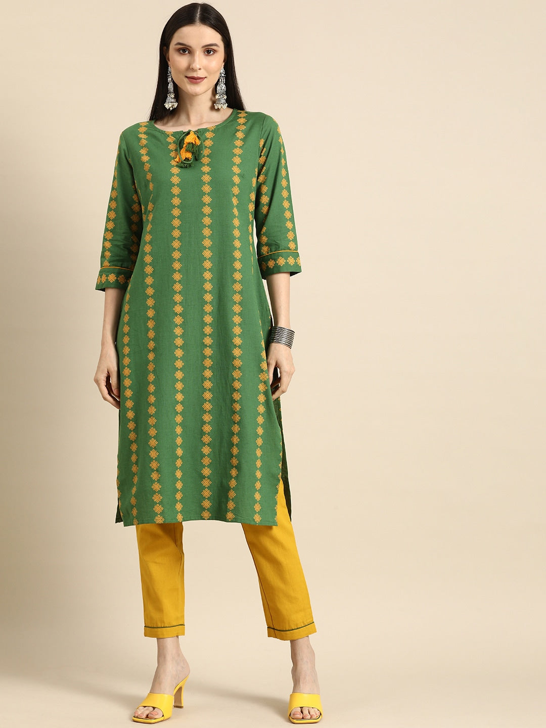 All About You Women Green Ethnic Motifs Printed Kurta with Mustard Yellow Trousers - Distacart