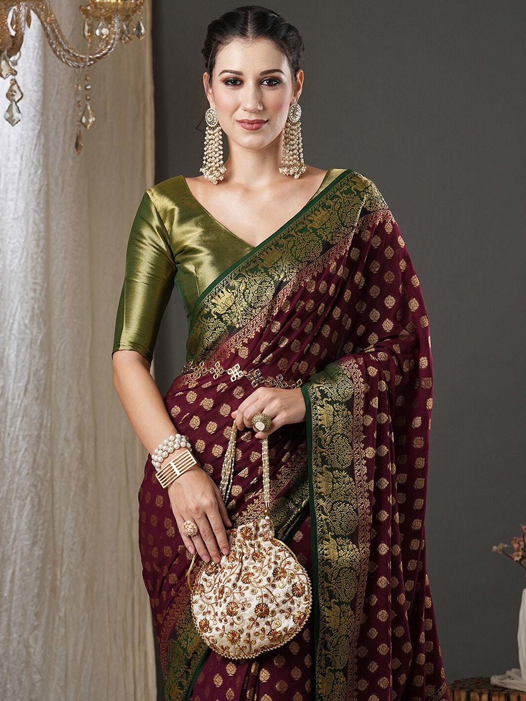 Maroon Silk Saree With Green Blouse