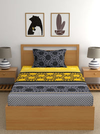 Thumbnail for Dreamscape Yellow Ethnic Motifs Cotton 140 TC Fitted Single Bedsheet & 1 Pillow Cover - Distacart