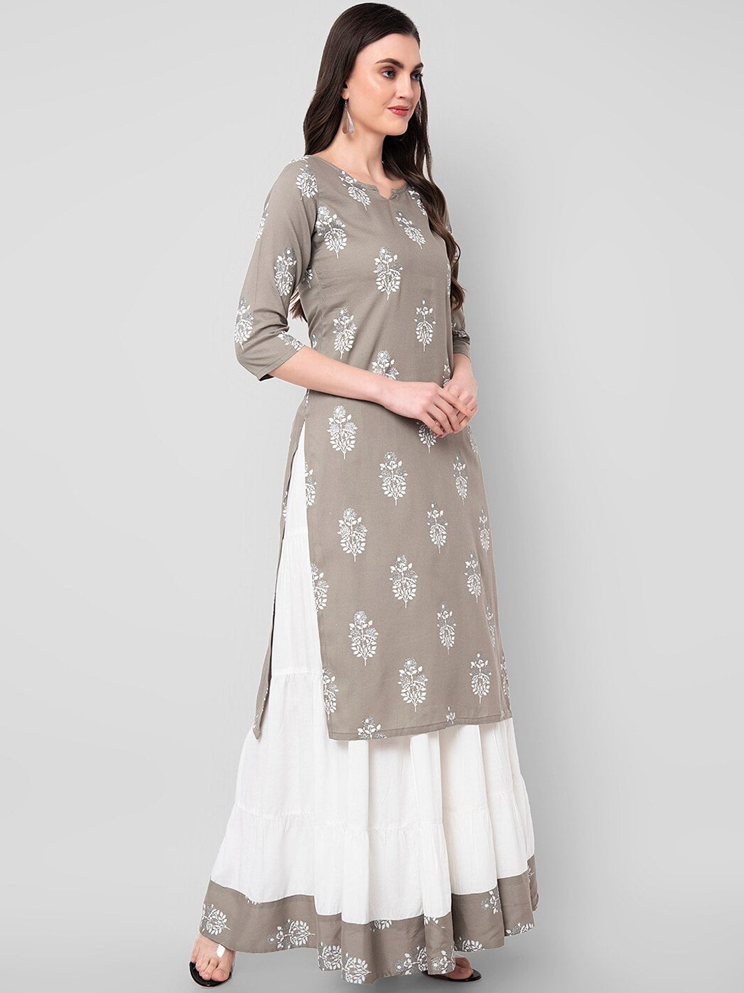 Kalini Women Grey Ethnic Motifs Printed Kurta with Skirt - Distacart