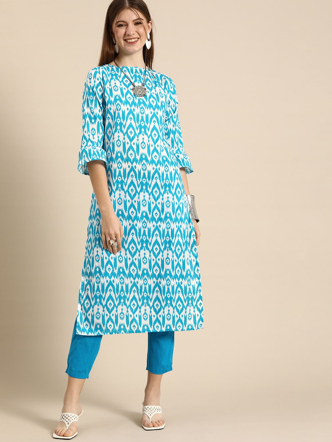 Anouk Women Blue Ethnic Motifs Printed Regular Pure Cotton Kurta with Trousers - Distacart