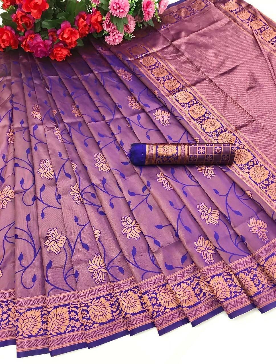 DEIANA'S Beautiful Golden Jari with New Design Soft Lichi Silk Saree - Purple - Distacart