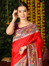 Thumbnail for Vishnu Weaves Women's Red Paithani Silk Zari Woven Saree with Unstitched Blouse - Distacart
