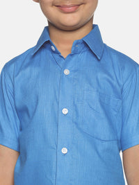 Thumbnail for Sethukrishna Blue & White Solid Shirt with Veshti Set For Boys - Distacart