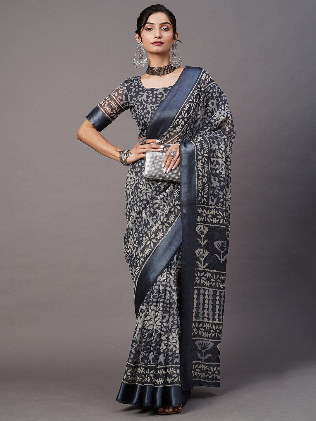 Mitera Grey & Off-White Batik Printed Ikat Saree - Distacart