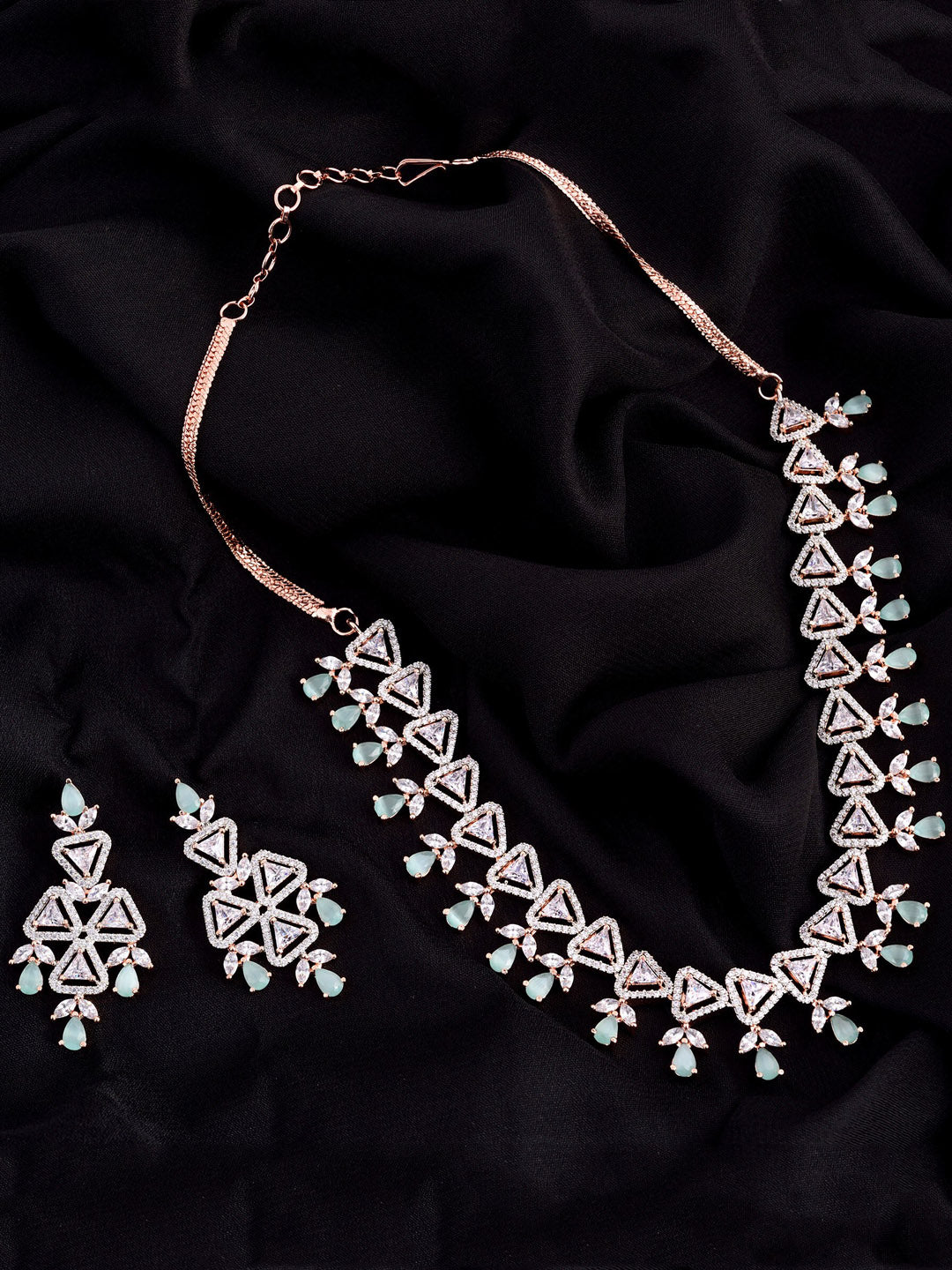 Saraf RS Jewellery Rose Gold-Plated White & Sea Green AD-Studded Handcrafted Jewellery Set - Distacart