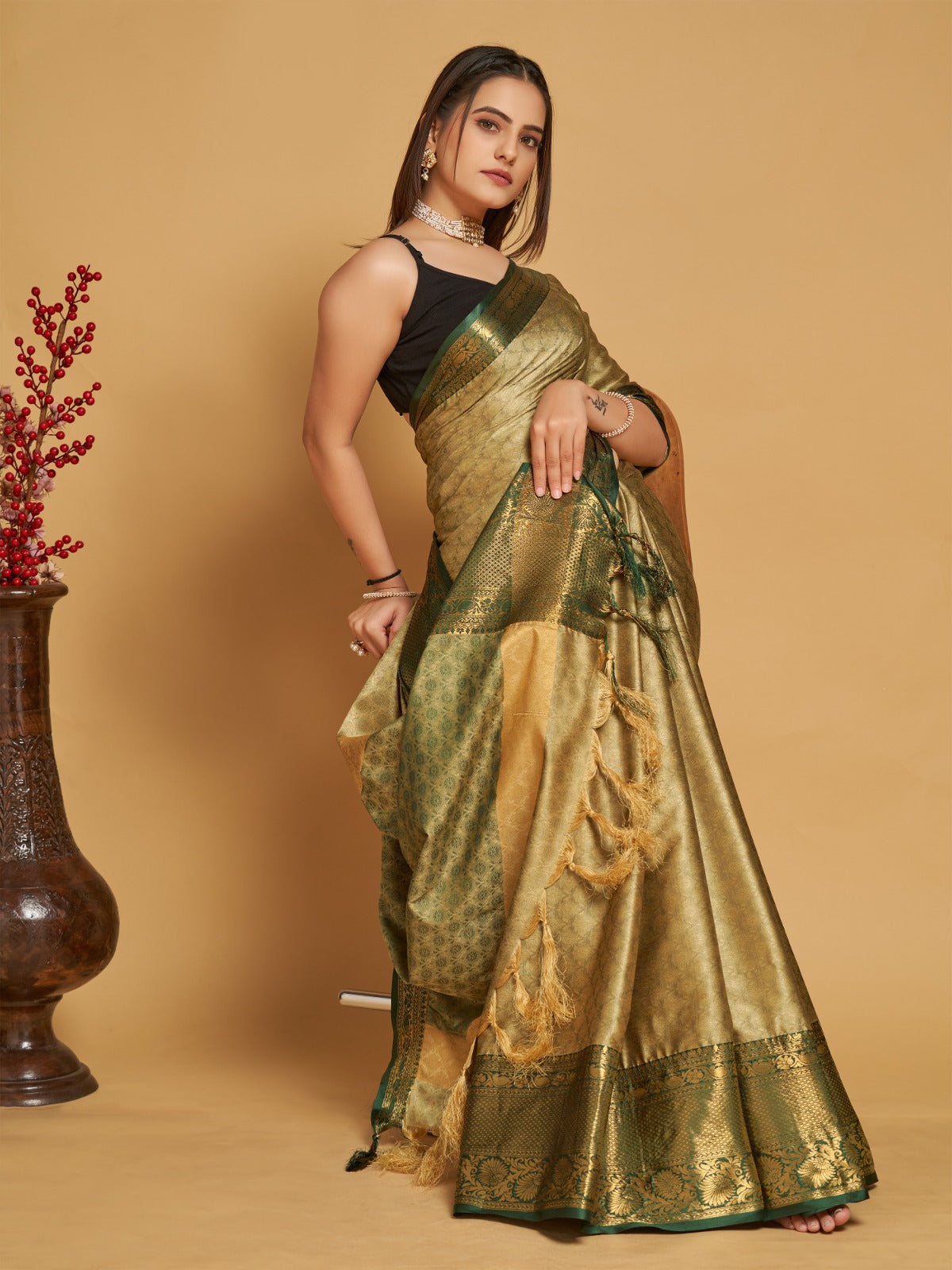 Women Light Green Solid Georgette Saree with Mirror Work Border -  HA_VASTRA_GRN