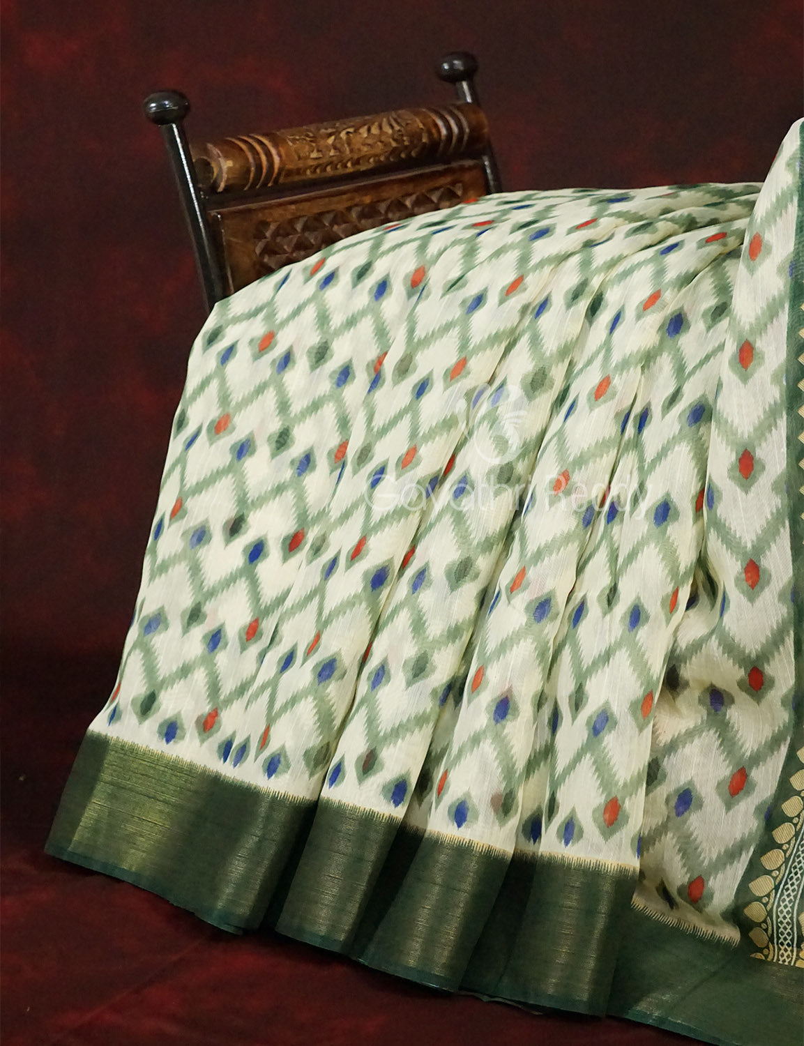 Half White And Parrot Green Colour Ikat Design Semi Chanderi Saree By Gayathri Reddy Designer Studio - Distacart