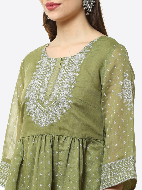 Biba Women Green Ethnic Motifs Printed Flared Sleeves Thread Work