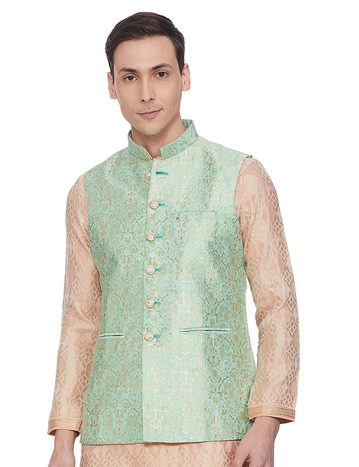 Polyester Viscose Printed Nehru Jacket In Navy Blue Colour - JK5300393