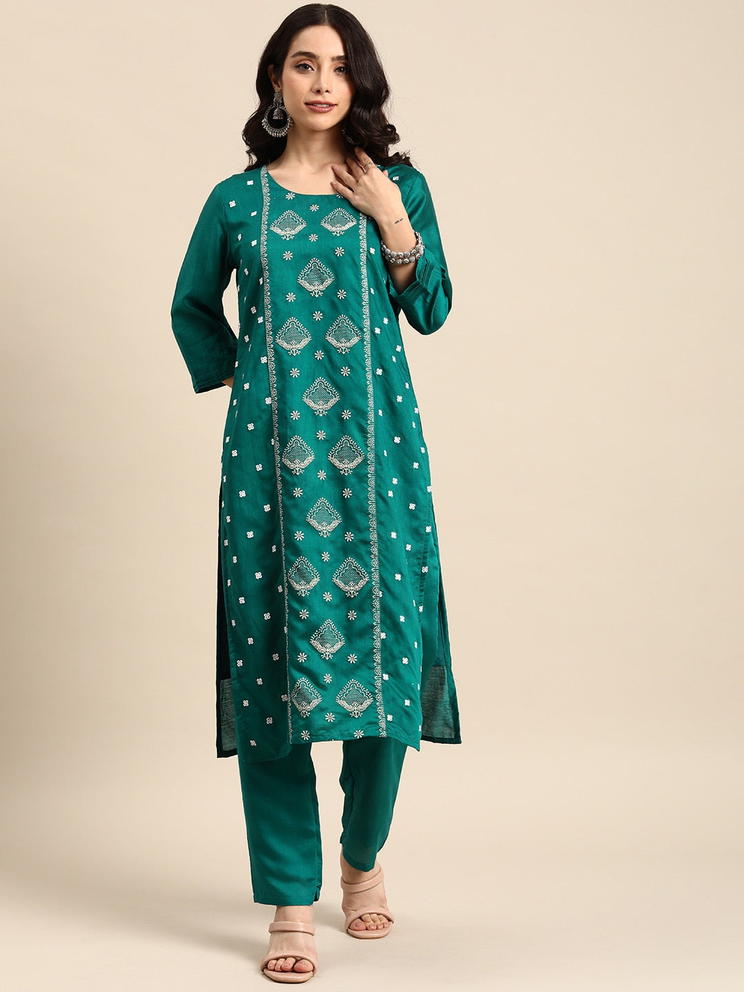 All About You Ethnic Motifs Embroidered Panelled Thread Work Chanderi Silk Kurta Set - Distacart