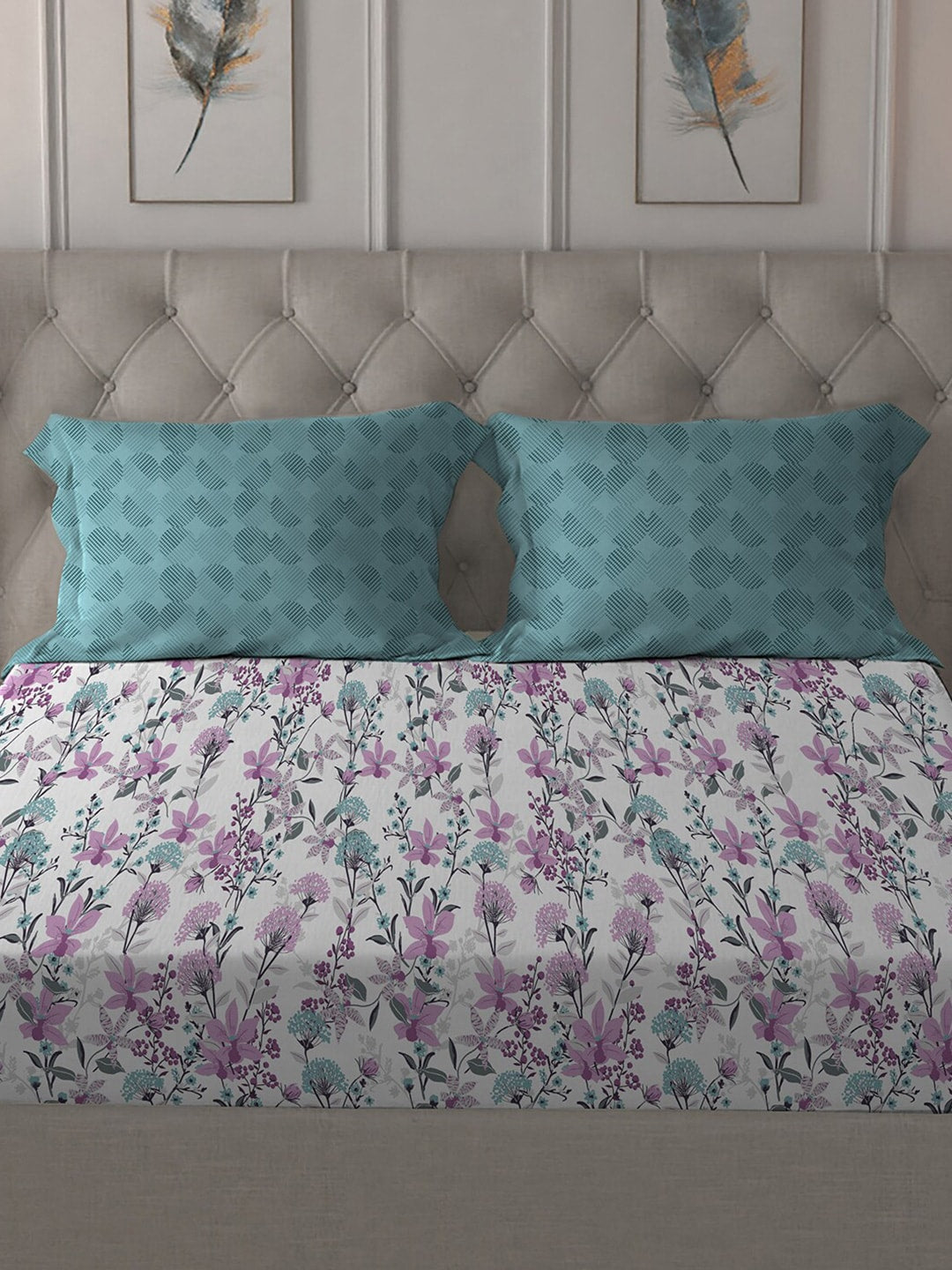 MYTRIDENT Violet White Floral Cotton 144 TC Queen Bedsheet With 2 Pillow Covers - Distacart