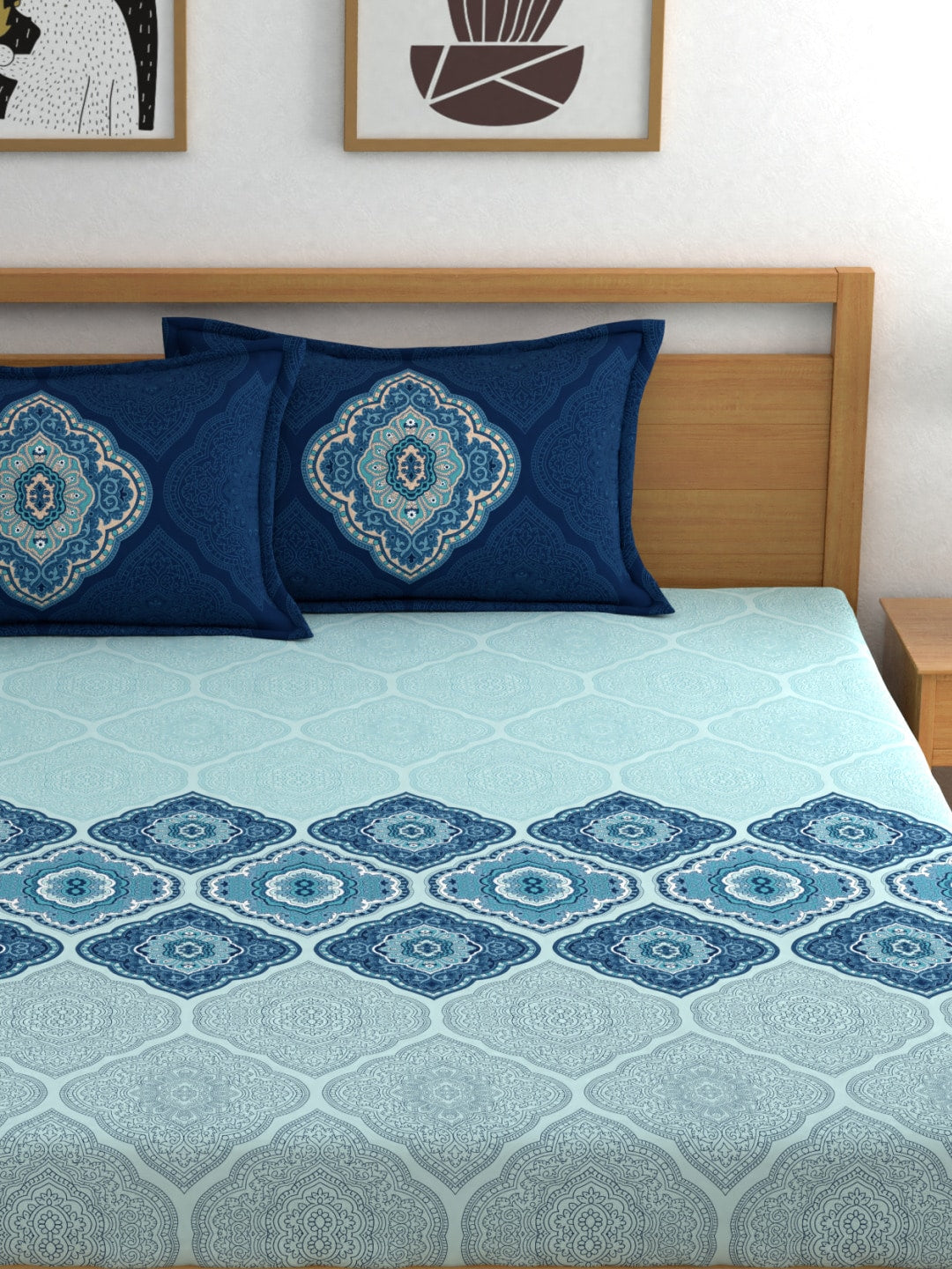 Ethnic Blue Cotton Double Bed Sheet With Pillow Cover