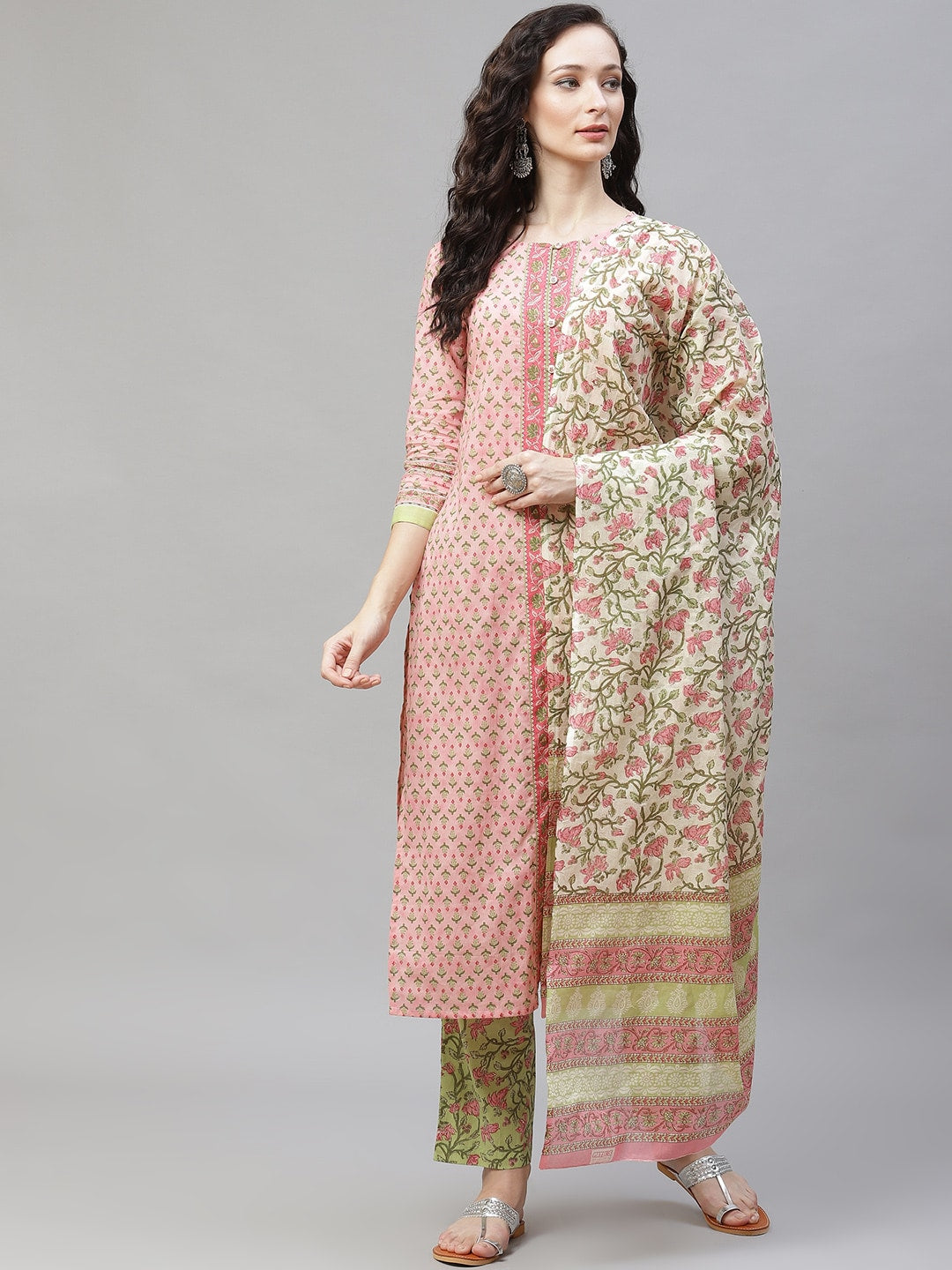 Ahika Women Peach-Coloured Printed Pleated Pure Cotton Kurta with Palazzos & With Dupatta - Distacart