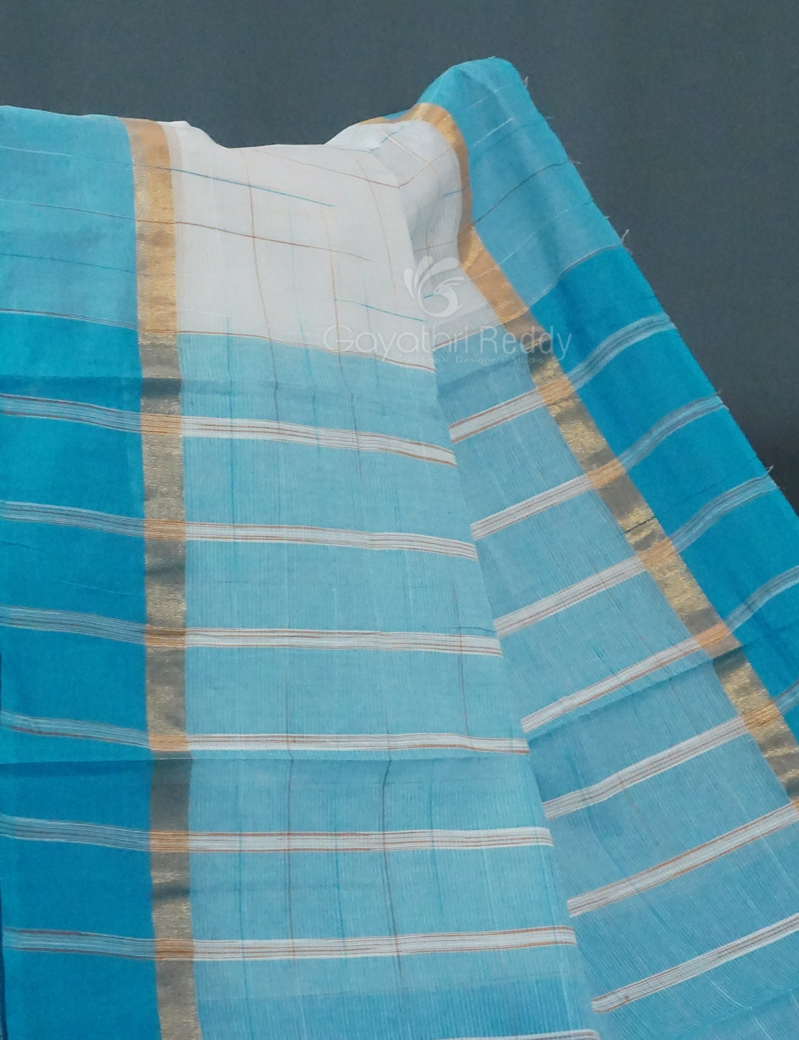 Dual Shade of Milk White And Sky Blue Pure Mangalgiri Cotton By Gayathri Reddy Designer Studio - Distacart