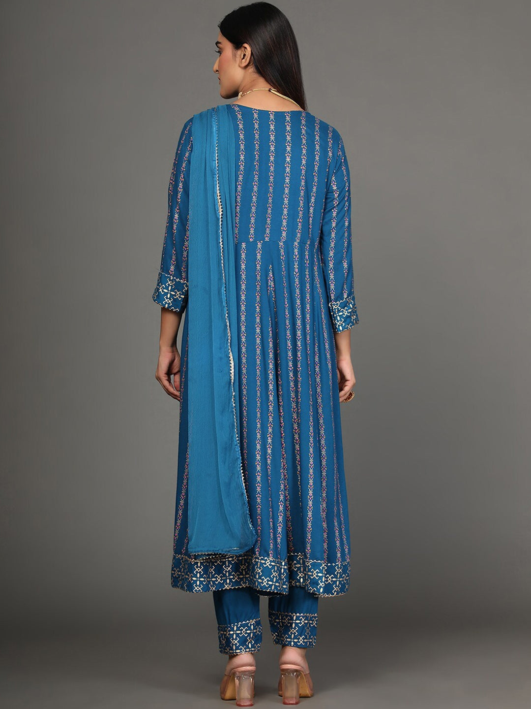 NOZ2TOZ Women's Blue Printed Gotta Patti Kurta with Trousers & Dupatta - Distacart