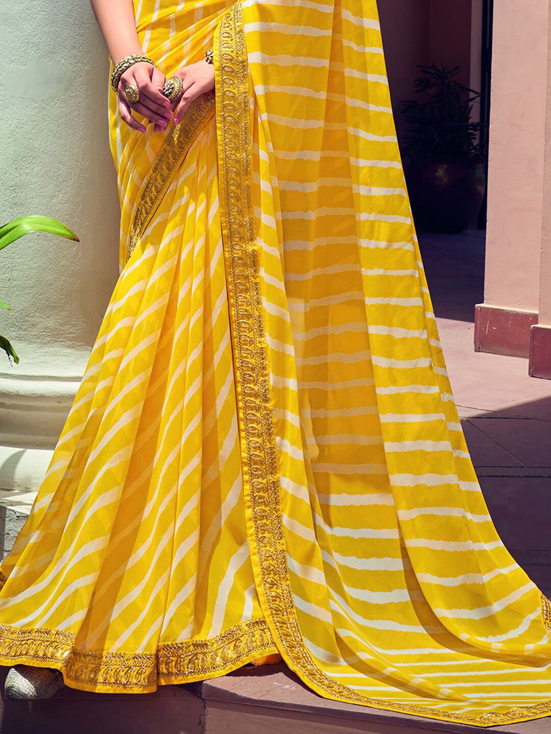 Designer Leheriya Printed Organza Zardozi Silk Saree in Watermelon Pin –  Bengal Looms India