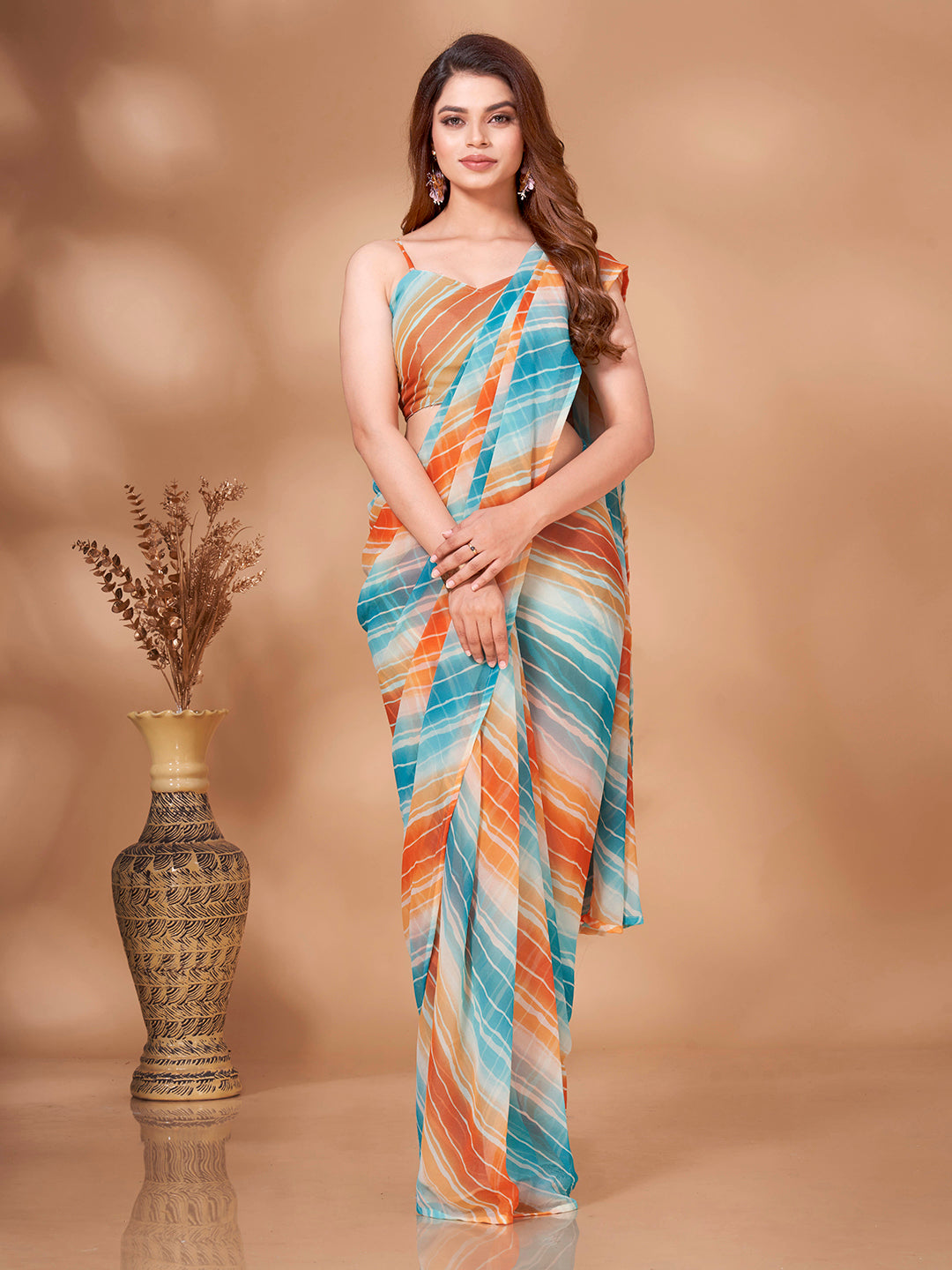 Buy Tikhi Imli Striped Georgette Leheriya Ready to Wear Saree