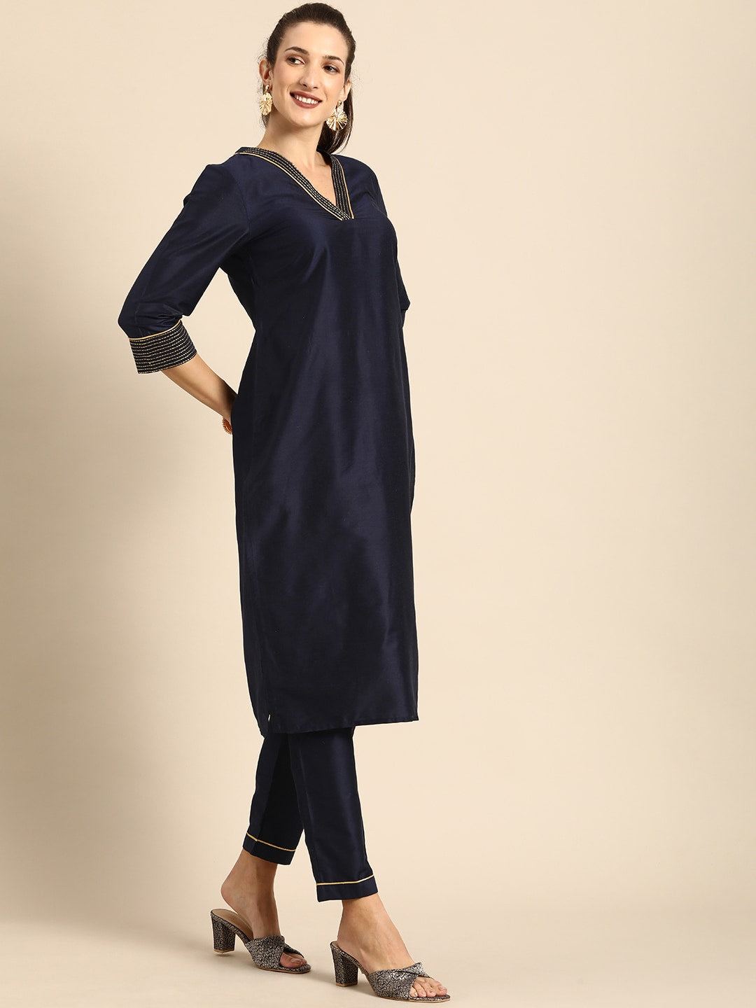 All About You Women Navy Blue Zari Detailed Regular Kurta with Trousers & Dupatta - Distacart