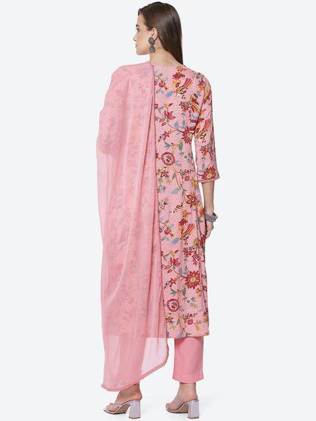 Biba Women Pink Floral Printed High Slit Kurta with Trousers & With Dupatta - Distacart