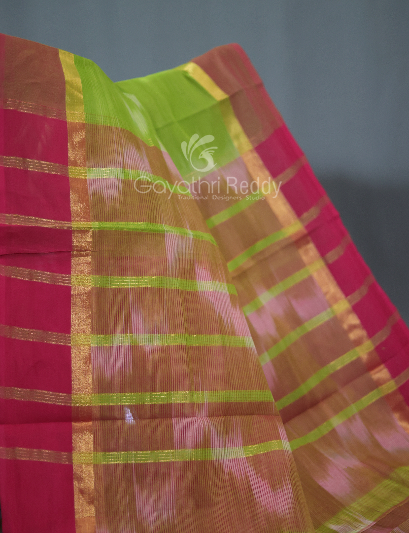 Dual Shades of Parrot Green And Pink Mangalagiri Ikkat Cotton Saree By Gayathri Reddy Designer Studio - Distacart