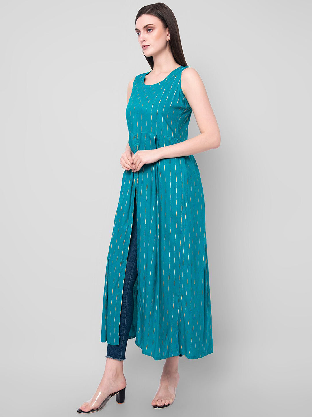 Kalini Women Turquoise Blue Ethnic Motifs High-Slit Kurta - Distacart