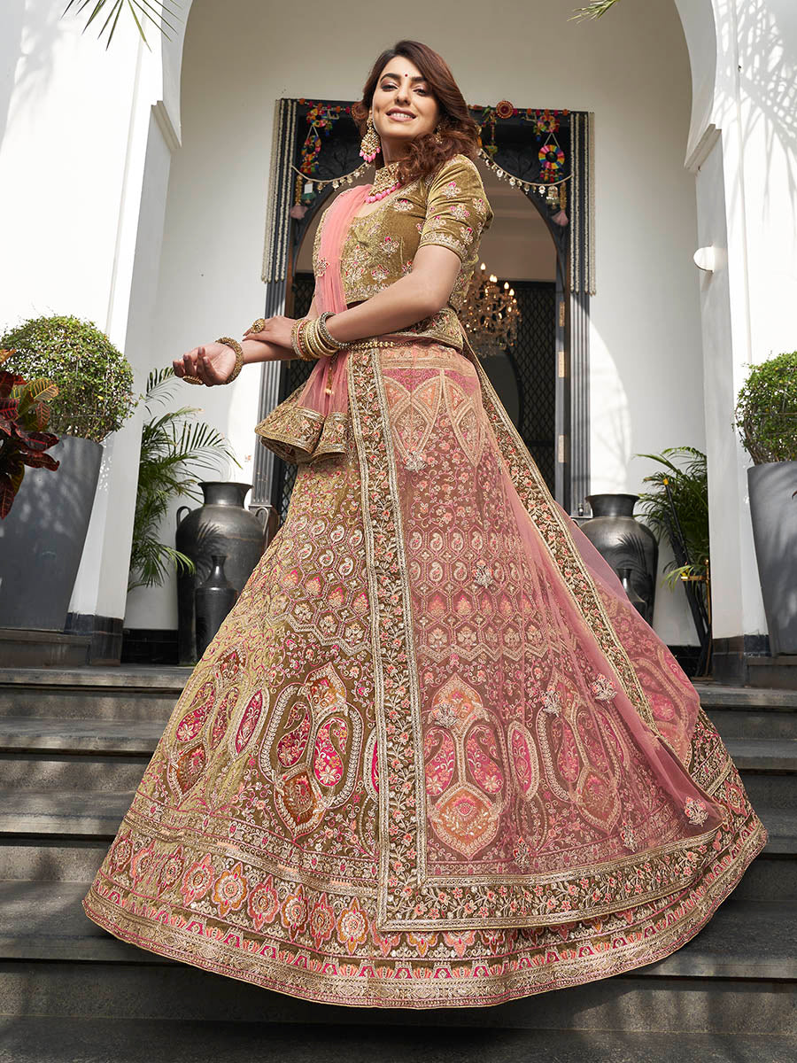 Buy Olive Green Floral Organza Designer Lehenga online-Karagiri