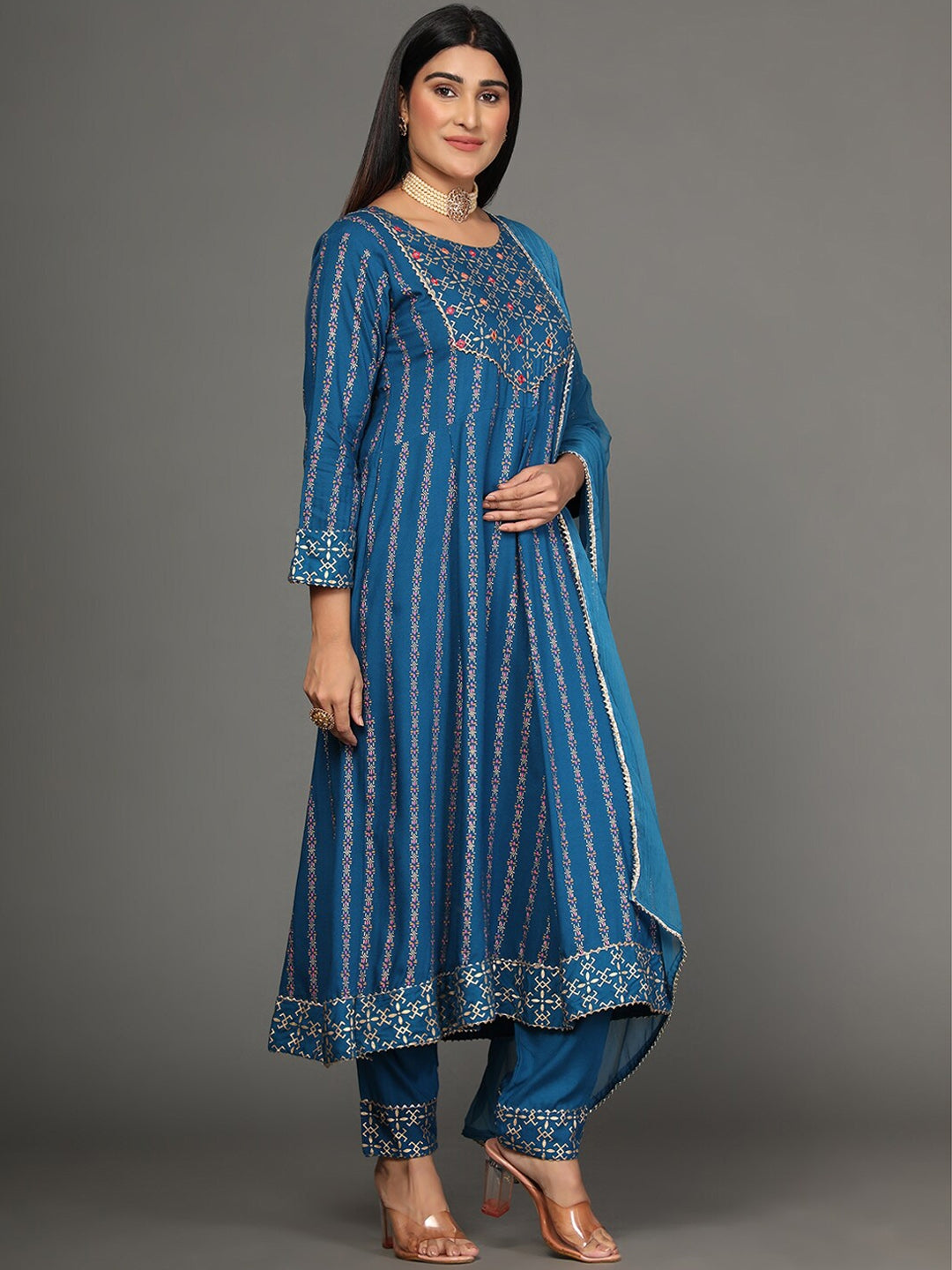 NOZ2TOZ Women's Blue Printed Gotta Patti Kurta with Trousers & Dupatta - Distacart