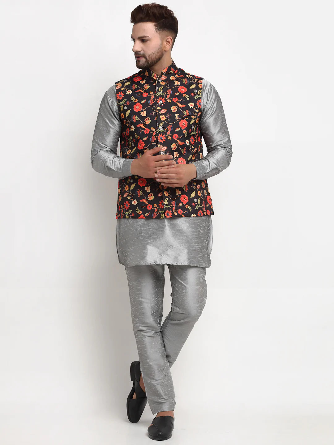 Black Chanderi Printed Nehru Jacket Design by Rohit Bal Men at Pernia's Pop  Up Shop 2024