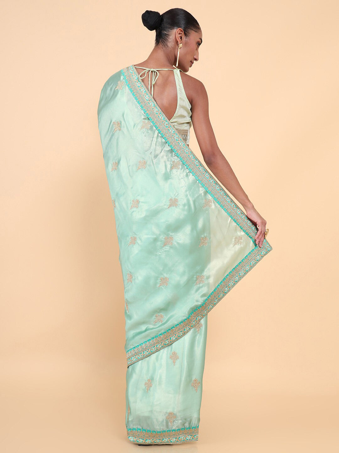 Soch Sea Green & Grey Floral Embroidered Silk Blend Tussar Saree - Distacart