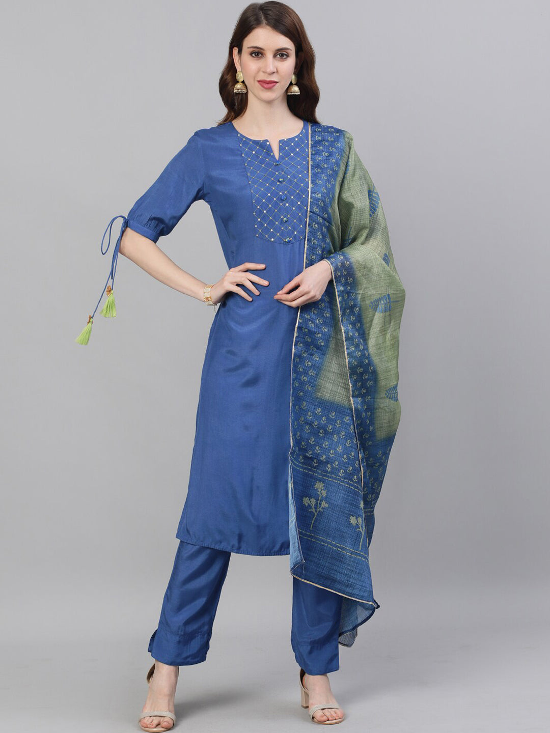 Straight Kurta Set For Women - Indian Dress - Ethnic Wear - Jaipur Kurti Women Blue Yoke Design Kurta with hotsell Trousers & Dupatta.