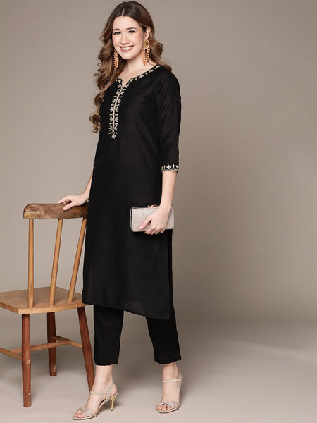 Anubhutee Women Black Ethnic Motifs Embroidered Kurta with Trousers - Distacart